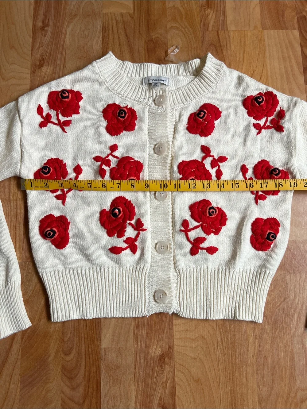 VGUC Francesca's Collections Cream Cardigan with Red Rose Embroidery